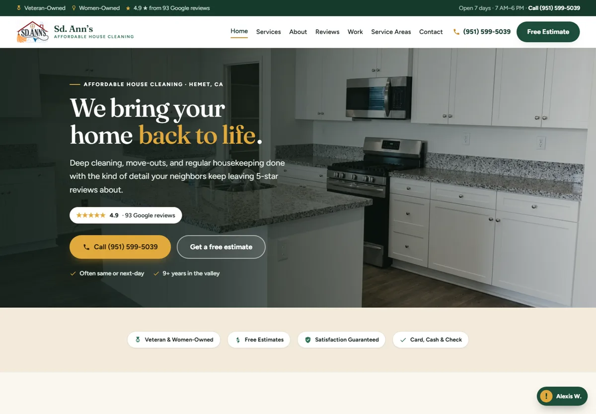 Sd. Ann's cleaning, a live Ascend website by Web Ascension Pro